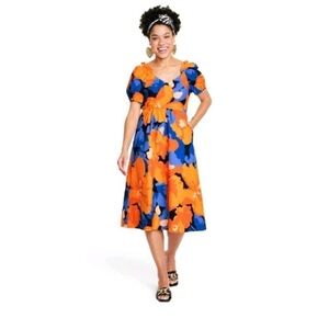 Tabitha Brown Women's Floral Print Puff Sleeve Tie-Back Midi Dress Orange/Blue 4
